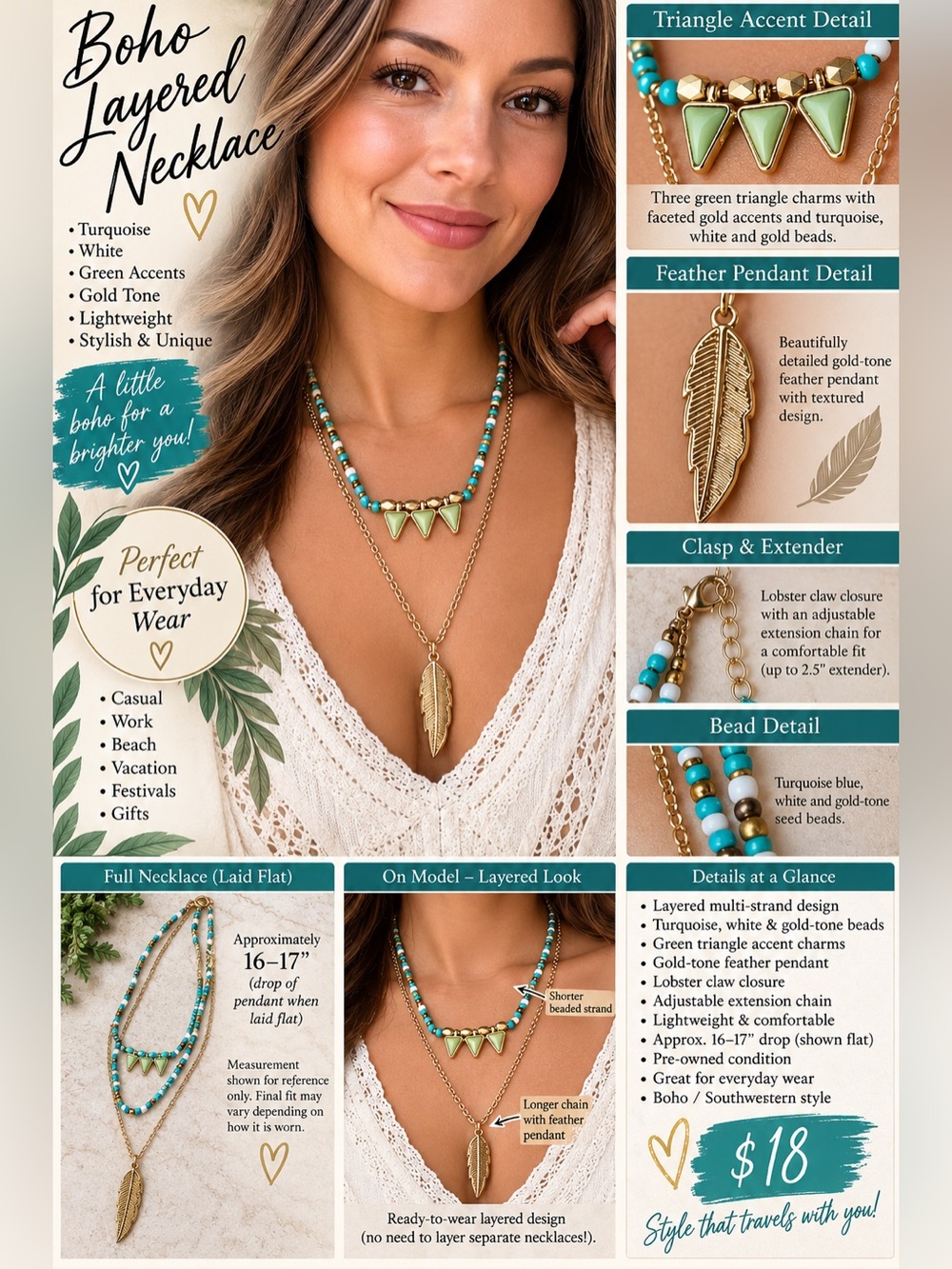 Layered Turquoise & Gold Feather Necklace - Women's Jewelry